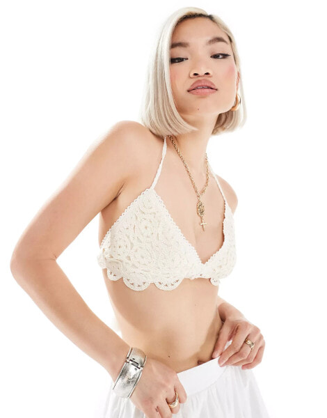 Monki tie up crochet top in off white