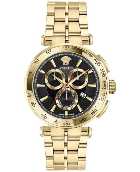 Men's Swiss Chronograph Aion Gold Ion Plated Stainless Steel Bracelet Watch 45mm