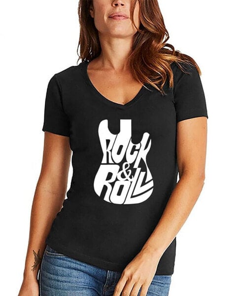 Women's Word Art Rock And Roll Guitar V-Neck T-Shirt