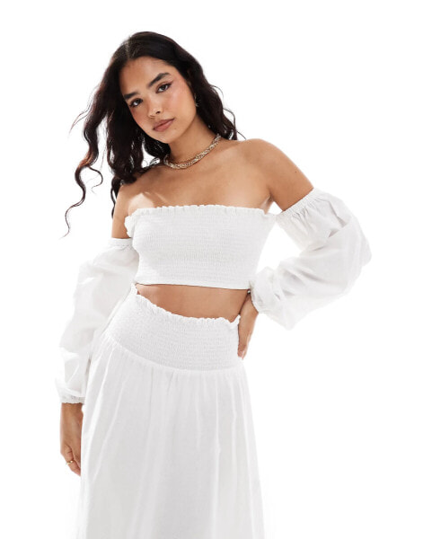 ASOS DESIGN shirred off shoulder co-ord top in white