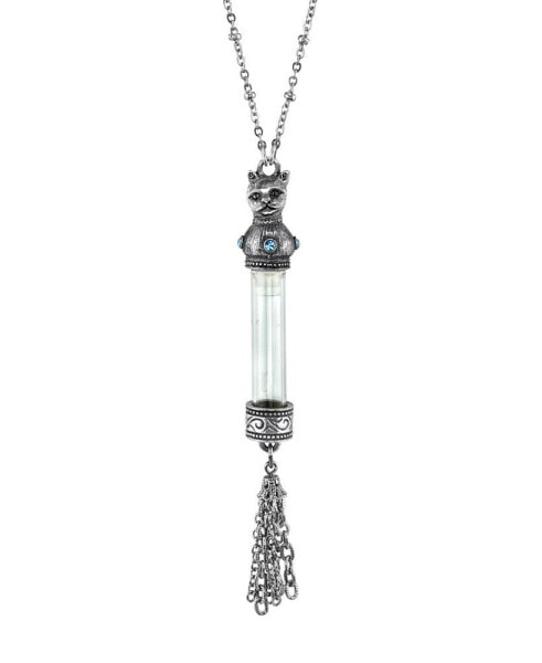 Antiqued Pewter Blue Crystal Cat Vial Tassle Necklace 30"