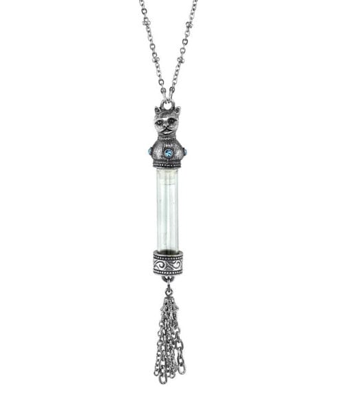 2028 antiqued Pewter Blue Crystal Cat Vial Tassle Necklace 30"