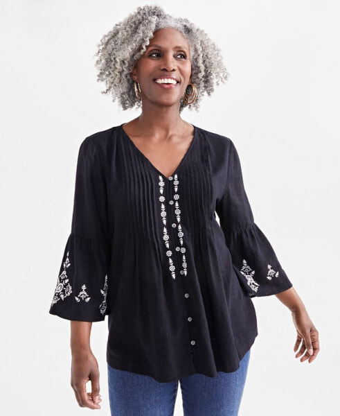 Women's V-Neck Pintuck Embroidery Top, Created for Macy's