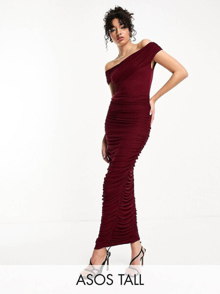 ASOS DESIGN Tall cross over bardot ruched mesh midi dress in berry