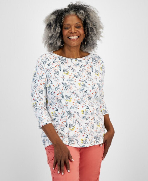 Plus Size Printed Pima Cotton 3/4-Sleeve Top, Created for Macy's