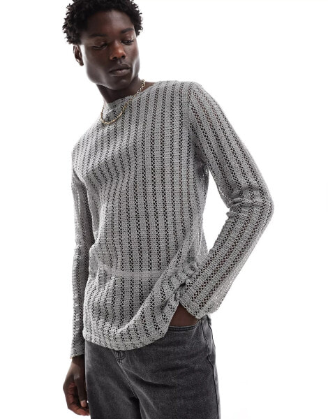 ASOS DESIGN relaxed long sleeve t-shirt in open texture with wide neck in grey