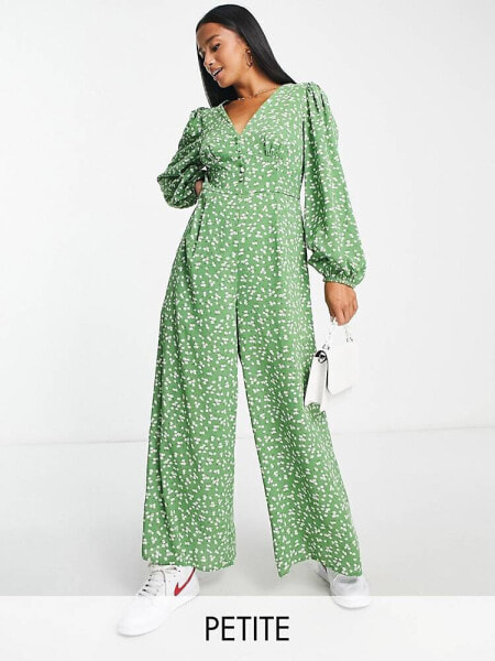 Glamorous Petite v-neck button front jumpsuit in green mini daisy print