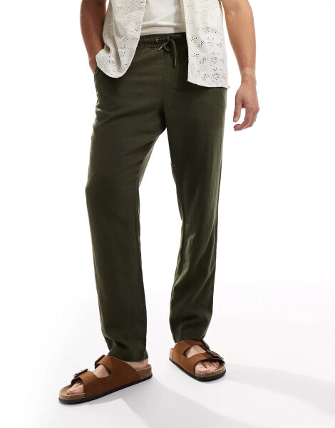 Threadbare cotton linen trousers with elasticated waist in khaki