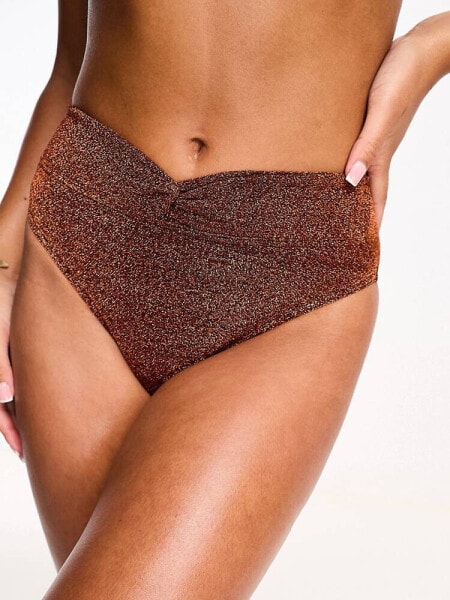 Miss Selfridge glitter twist detail highwaist bikini bottom in bronze 