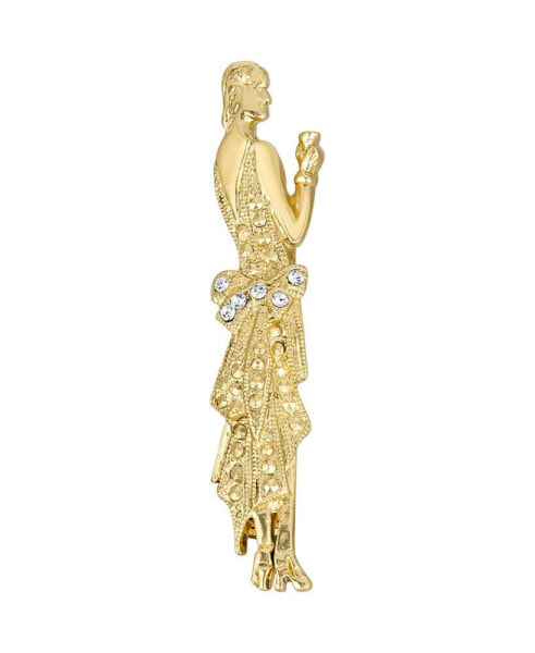 Gold-Tone 1920's Lady with Crystal Accents in Dress Detail Pin