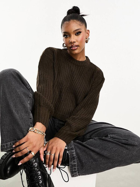 Threadbare Bea crew neck cropped jumper in chocolate brown