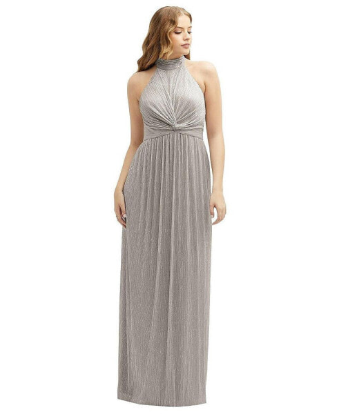 Plus Size Band Collar Halter Open-Back Metallic Pleated Maxi Dress