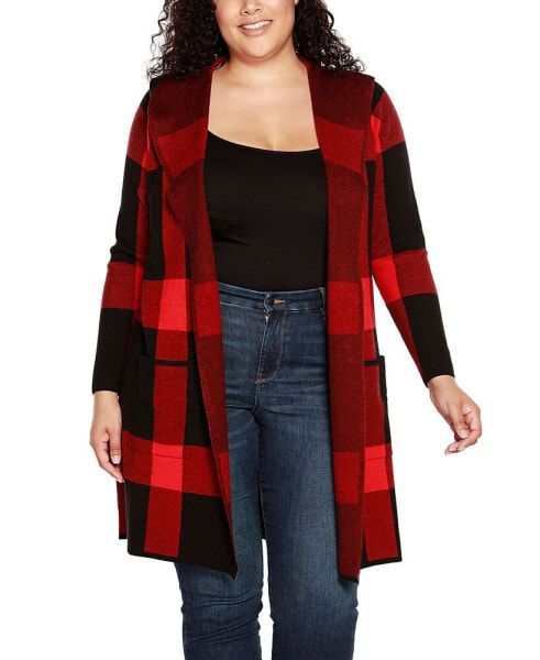 Plus Size Hooded Exploded Plaid Coatigan Sweater