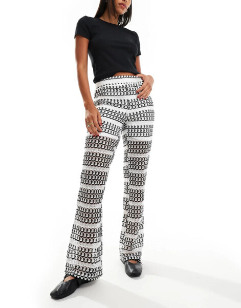 Pieces wide leg crochet knit trousers in mono stripe