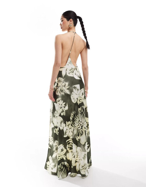 ASOS DESIGN satin plunge front strappy back maxi dress with thigh split in overscale floral