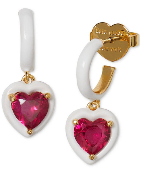 Gold-Tone White-Framed Red Crystal Heart Charm Huggie Hoop Earrings