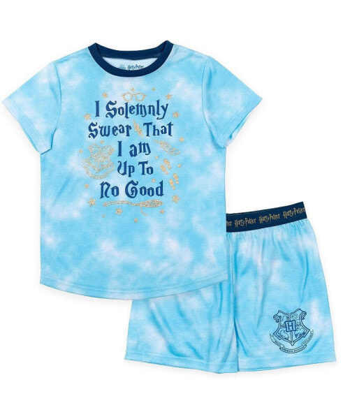 Little Girls Gryffindor Hufflepuff Ravenclaw Slytherin Pajama Shirt and Shorts Sleep Set Tie Dye Blue
