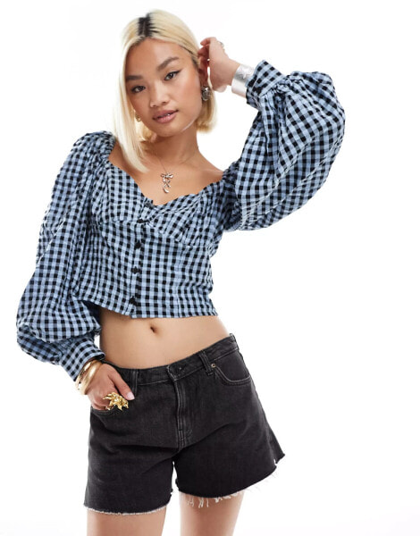 Monki long sleeve seersucker button front blouse in black and dark blue check gingham