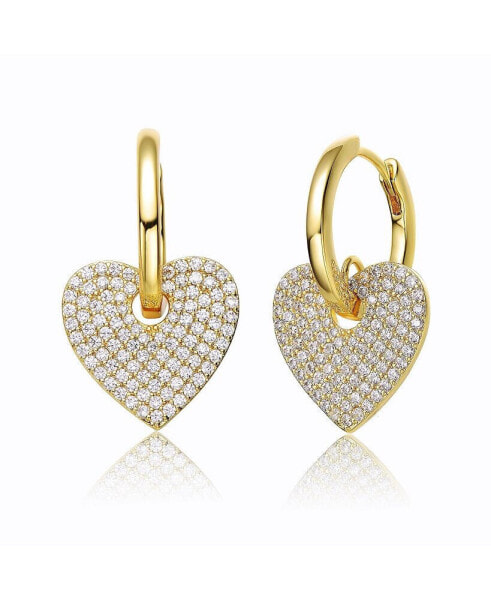 14k Gold Plated with Cubic Zirconia Heart Dangle Hoop Drop Earrings