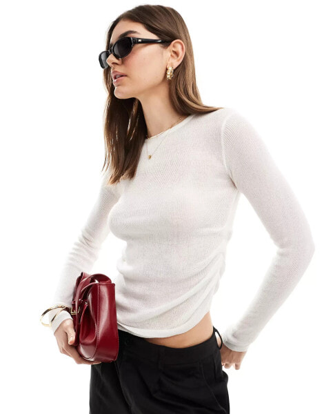 SNDYS semi sheer fine knit long sleeve top in white