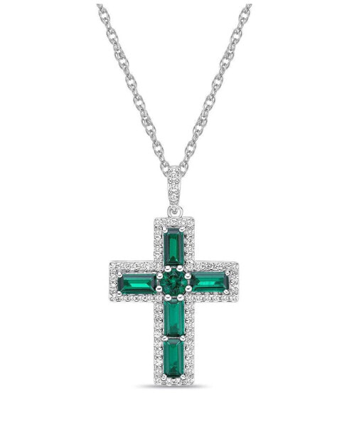 Sterling Silver Halo Birthstone Style Lab Grown Emerald and Lab Grown White Sapphire Fancy Cut Cross Pendant Necklace