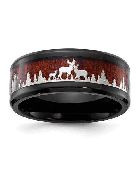 Stainless Steel Black IP-plated Wood Inlay Deer Band Ring