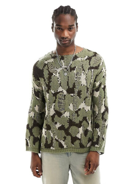 Reclaimed Vintage unisex knitted animal camo print jumper with distressing in khaki