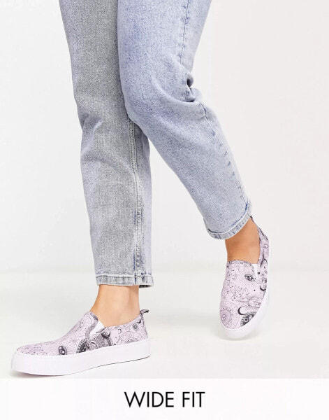 ASOS DESIGN Wide Fit Dotty slip on plimsolls in lilac celestial print