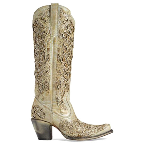 Corral Boots Distressed Glitter TooledInlay Snip Toe Cowboy Womens Beige Casual