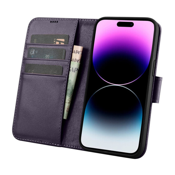 Чехол для смартфона ICARER кожаный с карманом для карт iPhone 14 Pro Max фиолетовый.