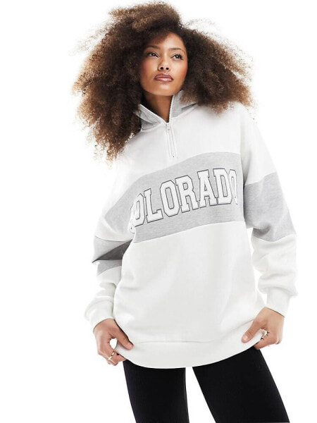 Miss Selfridge quarter zip Colorado graphic colour block sweatshirt in white and grey marl