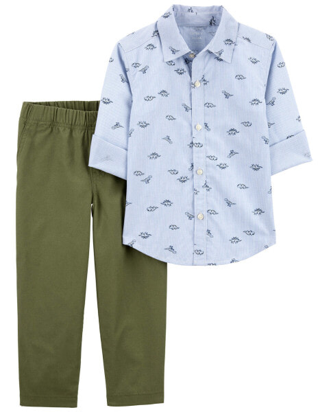 Toddler 2-Piece Dinosaur Button-Front Shirt & Canvas Pant Set 2T