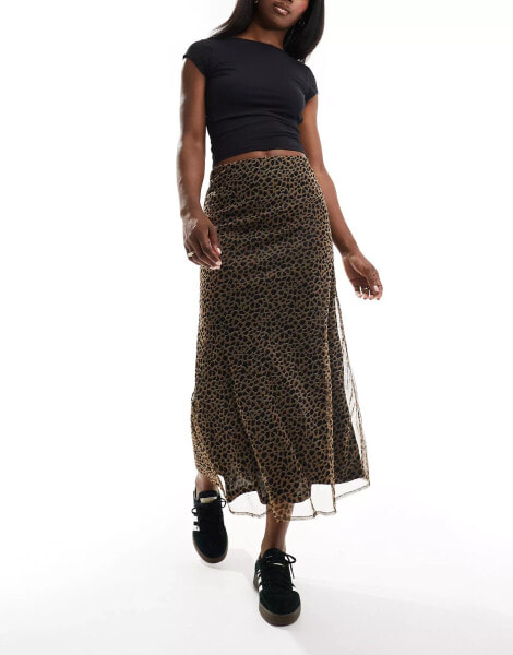 Wednesday's Girl leopard mesh print midaxi skirt in tan