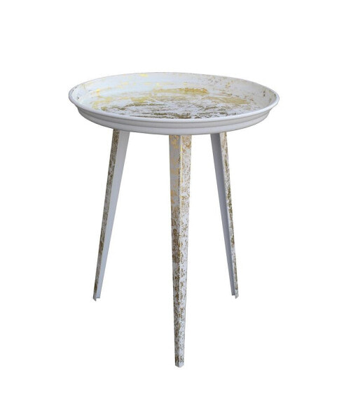 20 Inch Artisanal Industrial Round Tray Top Iron Side End Table, Tripod Base, Distressed White, Gold