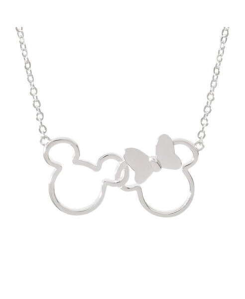 Disney mickey and Minnie Mouse Jewelry for Women, Silver Flash Plated Interlocking Mickey and Minnie Mouse Pendant Necklace, 18"