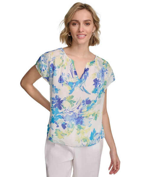 Women's Short Sleeve Floral-Print Blouse