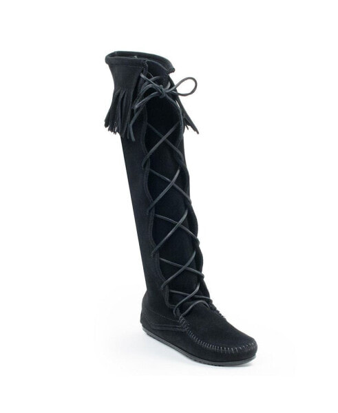 Women's Suede Front Lace Knee High Boots