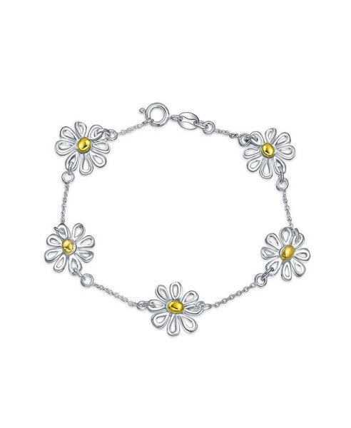 Summer Spring Time Two Tone Station Sunflower Daisy Flower Charm Bracelet For Women Yellow Gold Plated Sterling Silver