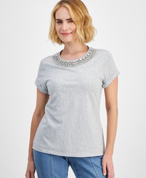 Petite Cotton Rhinestone-Neck Top, Created for Macy's