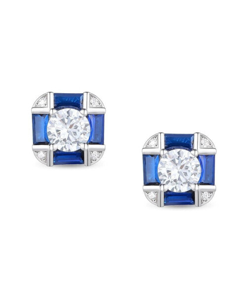 Sterling Silver White Gold Plated with Blue Sapphire & Vintage Cushion Geometric Stud Earrings