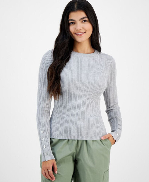 Juniors' Snap-Cuff Ribbed Crewneck Sweater