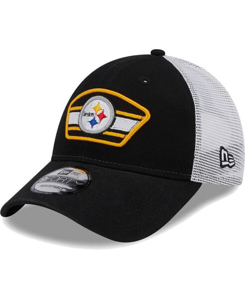 Men's Black, White Pittsburgh Steelers Logo Patch Trucker 9FORTY Snapback Hat