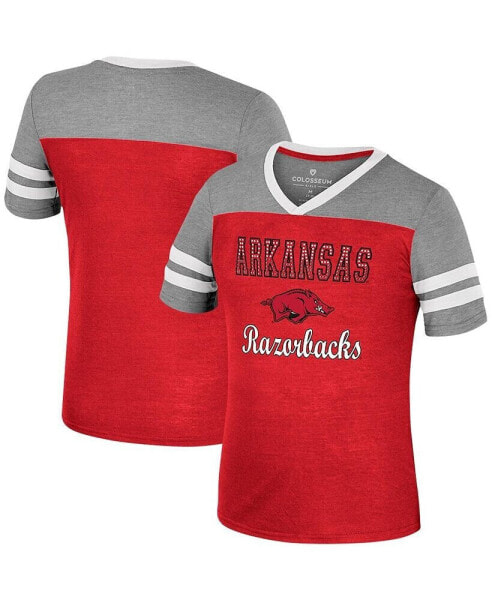 Big Girls Cardinal, Heather Gray Arkansas Razorbacks Summer Striped V-Neck T-shirt