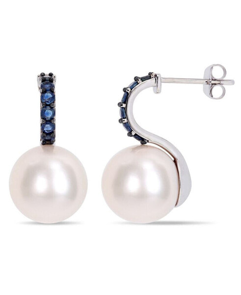 Freshwater Cultured Pearl (11-12mm) and Sapphire (5/8 ct. t.w.) Drop Earrings in 10k White Gold