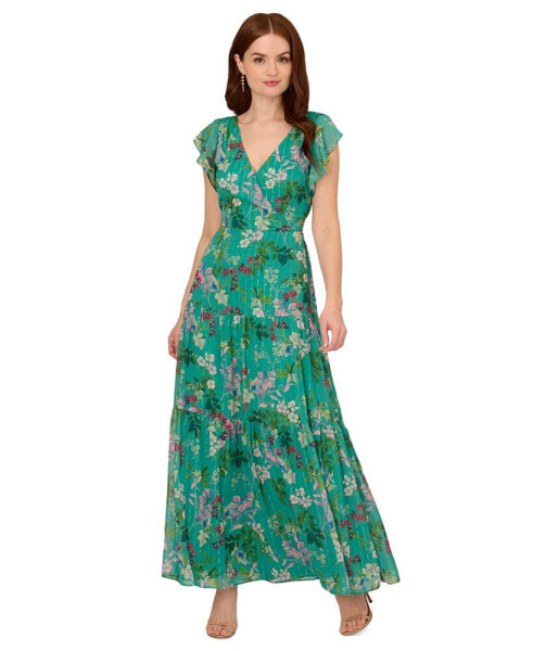 Women's Floral-Print Surplice-Neck Tiered Gown