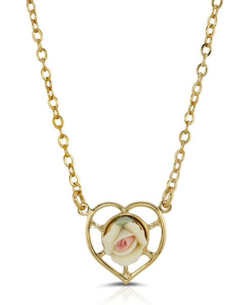 14K Gold-Dipped Porcelain Rose Heart Necklace