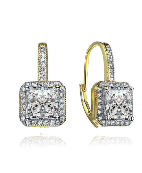 Radiant 14K Gold-Plated Halo Leverback Earrings with Cubic Zirconia