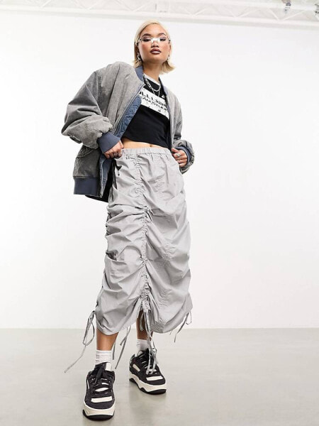 COLLUSION ruched parachute midi skirt in light grey