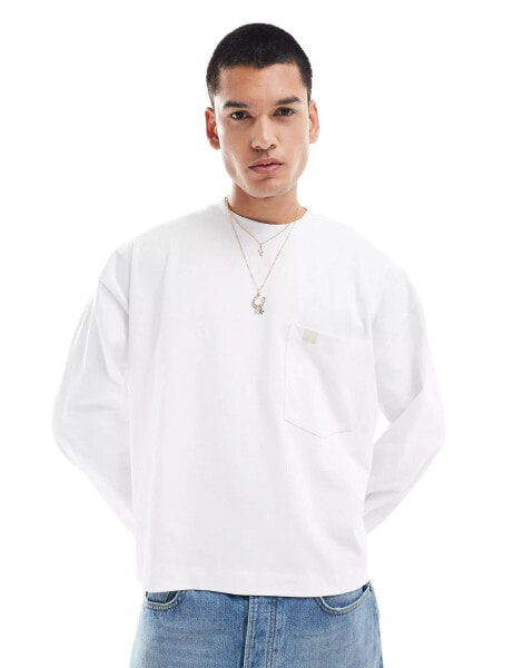 ASOS DESIGN heavyweight oversized boxy long sleeved t-shirt with chest pocket 240gsm in white