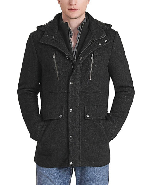 Men Adam Herringbone Wool Car Coat with Bib